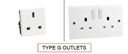 TYPE G Outlets are used in the following Countries:
<br>
Primary Country known for using TYPE G outlets is the United Kingdom, Great Britain which comprises England, Scotland, Wales, Ireland, Northern Ireland.

<br>Additional Countries that use TYPE G outlets are 
Bahrain, Bhutan, Brunei, Burma, Cambodia, Cyprus, Dominica, England, Falkland Islands, Islas Malvinas, Gambia, Ghana, Gibraltar, Grenada, Hong Kong, Iraq, Kenya, Kuwait, Lebanon, Macau, Malawi, Malaysia, Maldives, Malta, Mauritius, Myanmar, Nigeria, Oman, Qatar, Saint Helena, Saint Kitts-Nevis, Saint Lucia, Saint Vincent, Saudi Arabia, Seychelles, Sierra Leone, Singapore, Tanzania, Uganda, United Arab Emirates, Yemen, Zambia, Zimbabwe

<br><font color="yellow">*</font> Additional Type G Electrical Devices:

<br><font color="yellow">*</font> <a href="https://internationalconfig.com/icc6.asp?item=TYPE-G-PLUGS" style="text-decoration: none">Type G Plugs</a> 

<br><font color="yellow">*</font> <a href="https://internationalconfig.com/icc6.asp?item=TYPE-G-CONNECTORS" style="text-decoration: none">Type G Connectors</a> 

<br><font color="yellow">*</font> <a href="https://internationalconfig.com/icc6.asp?item=TYPE-G-POWER-CORDS" style="text-decoration: none">Type G Power Cords</a> 

<br><font color="yellow">*</font> <a href="https://internationalconfig.com/icc6.asp?item=TYPE-G-POWER-STRIPS" style="text-decoration: none">Type G Power Strips</a>

<br><font color="yellow">*</font> <a href="https://internationalconfig.com/icc6.asp?item=TYPE-G-ADAPTERS" style="text-decoration: none">Type G Adapters</a>

<br><font color="yellow">*</font> <a href="https://internationalconfig.com/worldwide-electrical-devices-selector-and-electrical-configuration-chart.asp" style="text-decoration: none">Worldwide Selector. View all Countries by TYPE.</a>

<br>View examples of TYPE G outlets below.